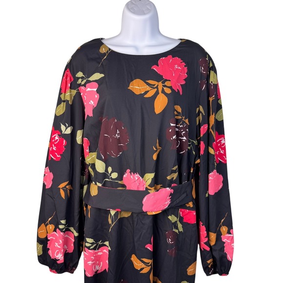 Eshakti Dress Women's 24W Floral Print Black Long Sleeve Knee Length Belted - Picture 5 of 16